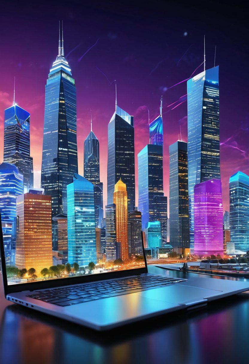 A dynamic city skyline showcasing innovative buildings with modern e-business technology, diverse entrepreneurs collaborating over laptops, vibrant digital graphs and success indicators overlaying the scene, and elements representing various industries like e-commerce and tech. vibrant colors. super-realistic.