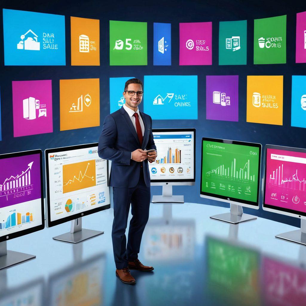 A dynamic scene depicting a confident entrepreneur engaging with digital sales on multiple screens, showcasing analytics and customer interactions. Include visuals of diverse people shopping online, with vibrant product displays in a virtual marketplace setting. Incorporate icons of success like upward graphs and dollar signs. Capture a modern, tech-savvy atmosphere with bright colors and a sleek design. super-realistic. vibrant colors. 3D.