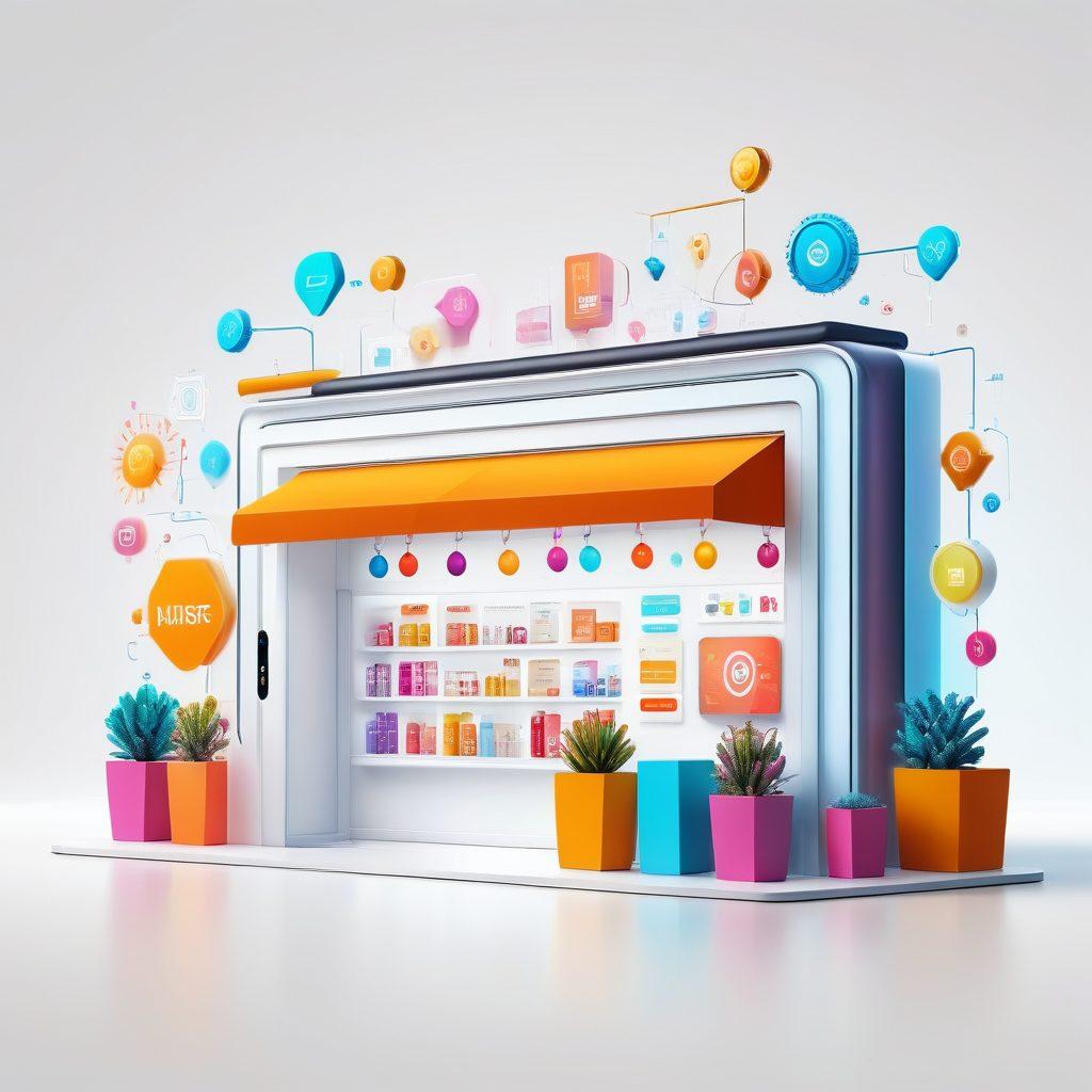 A stylized digital storefront showcasing various innovative e-commerce elements like personalized product recommendations, an AI chatbot, and vibrant graphs representing growth. Include a diverse group of customers engaging with the store through diverse devices, with bright and inviting colors. Incorporate abstract symbols of success such as upward arrows and lightbulbs. super-realistic. vibrant colors. white background.